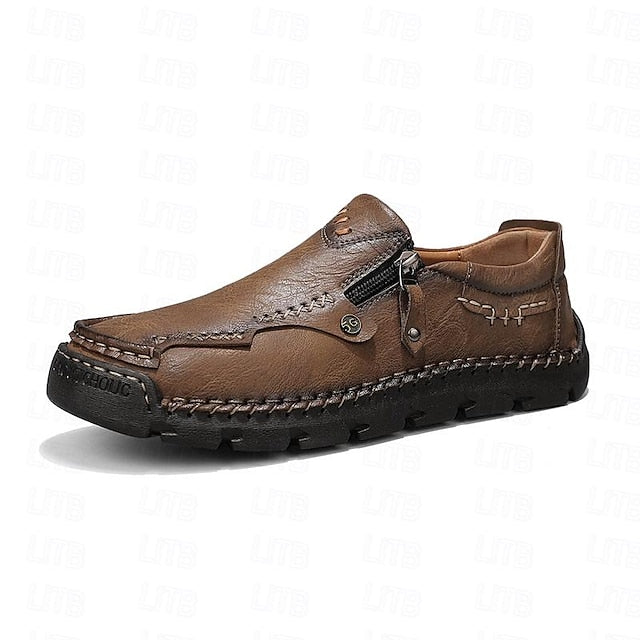 with Leather Brown Men's Side Faux Slip-On Zipper Loafers