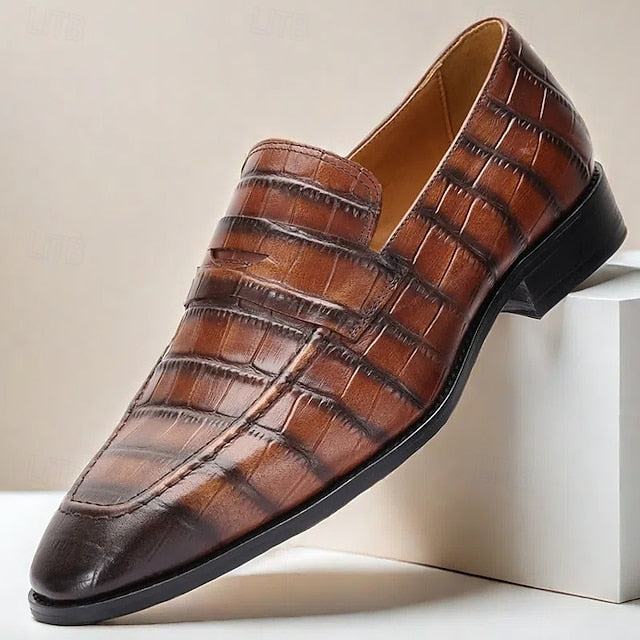 Brown - Men's Dress Leather Shoes Crocodile Pattern Classic