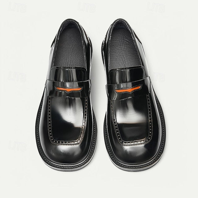 Slip-On Premium Cowhide Black Loafers with Decorative Men's