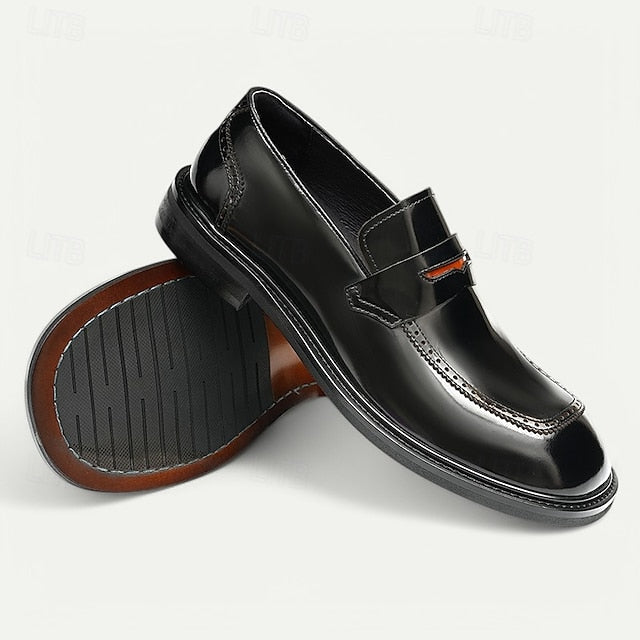 Slip-On Premium Cowhide Black Loafers with Decorative Men's