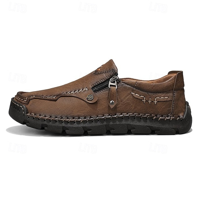 with Leather Brown Men's Side Faux Slip-On Zipper Loafers