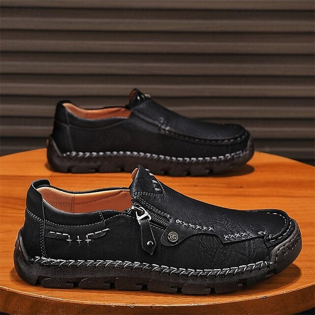 with Leather Brown Men's Side Faux Slip-On Zipper Loafers