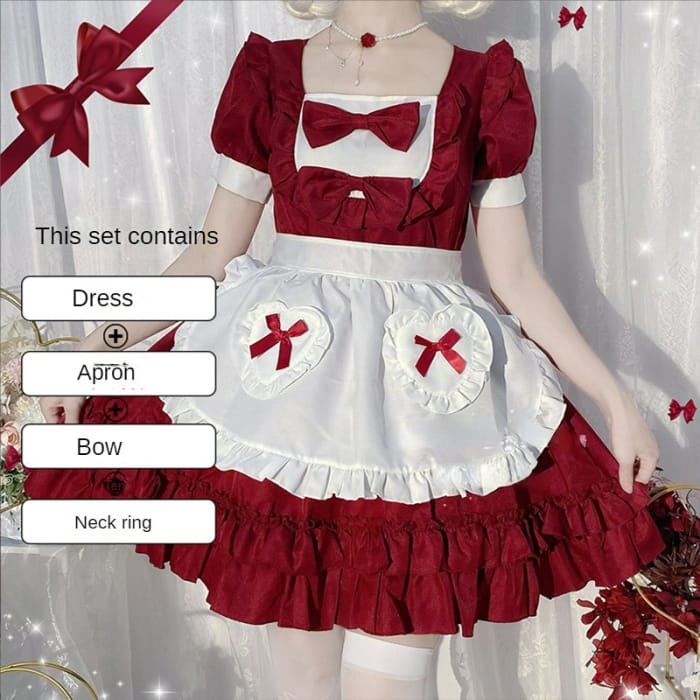 2 Colors Sweet Bows Maid Dress ON645 - M / claret - dress