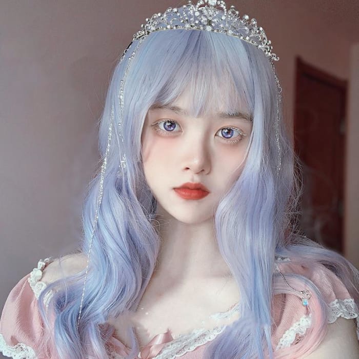 Aqua Blue Gradient Neat Bang Long Curly Wig C15634 - Cospicky