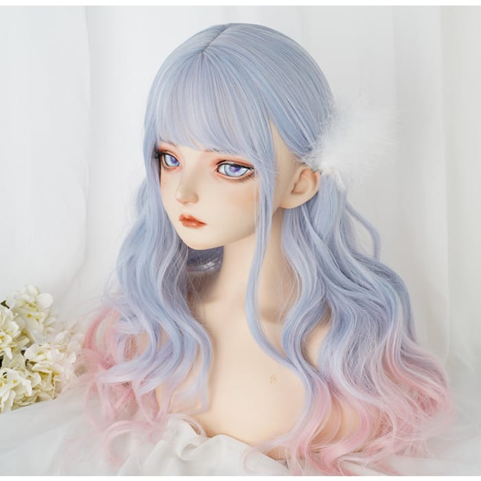 Aqua Blue Gradient Neat Bang Long Curly Wig C15634 - Cospicky