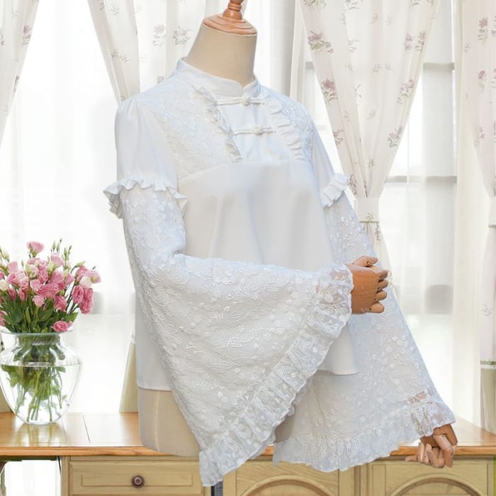 Bell-Sleeve Frog-Button Lace Blouse-2