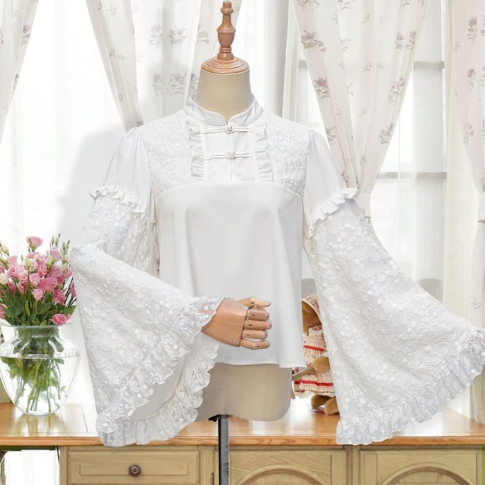 Bell-Sleeve Frog-Button Lace Blouse-1
