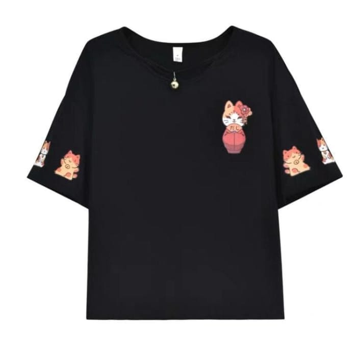 Black cartoon cat print T-shirt C15202 - T-Shirt