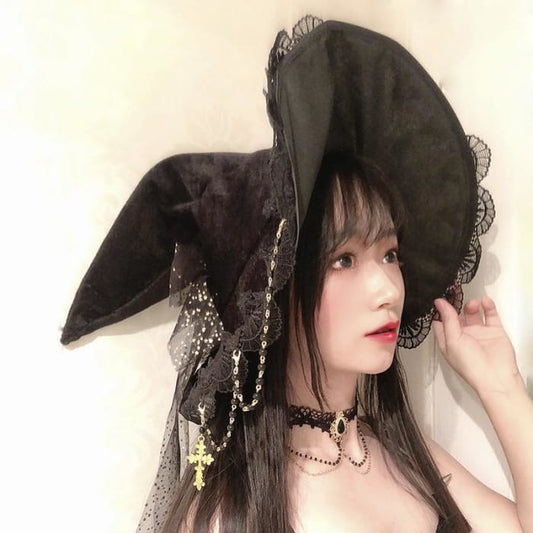 Black Lace Bow Halloween Cosplay Witch Hat C15265 - Cospicky