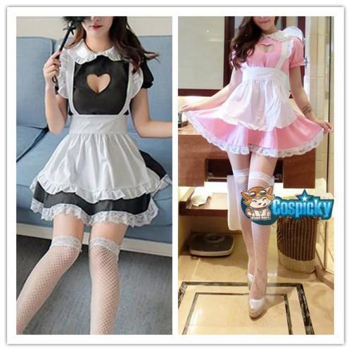 Black/Pink Kawaii Heart Hollow Out Maid Uniform Set CP1812248 - Cospicky