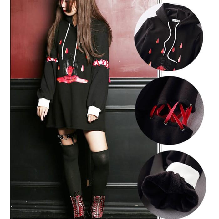 Black/White Gothic Caged Love Oversized Long Version Fleece Hoodie Jumper CP178939 - Cospicky