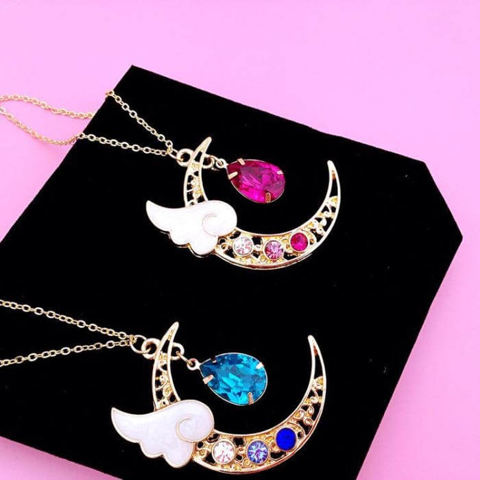 Blue/Pink Crystal Heart Drop Moon Necklace CP1711053 - Cospicky