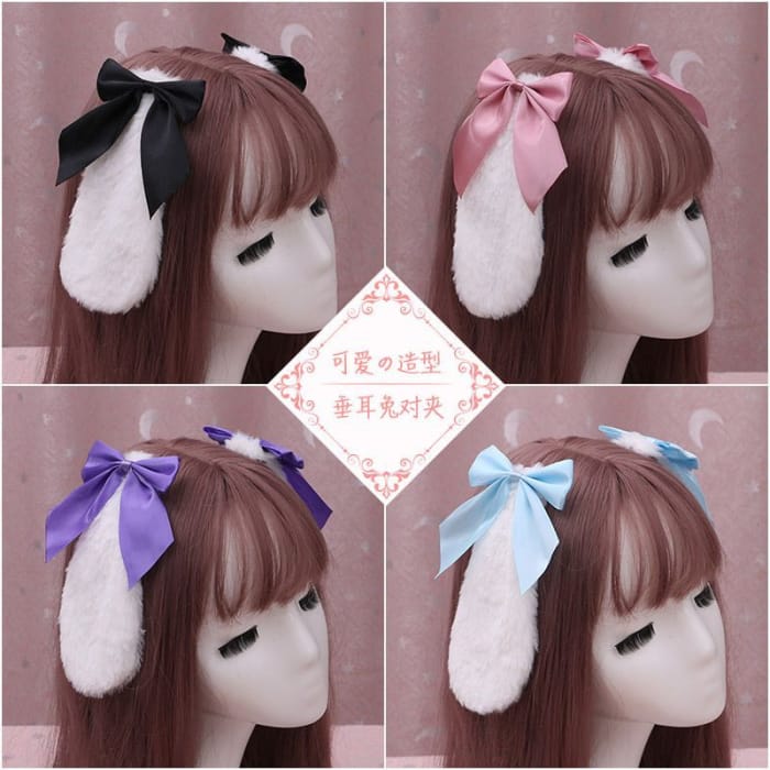 Bow Fluffy Rabbit Ear Hair Clip / Lace Headband-1