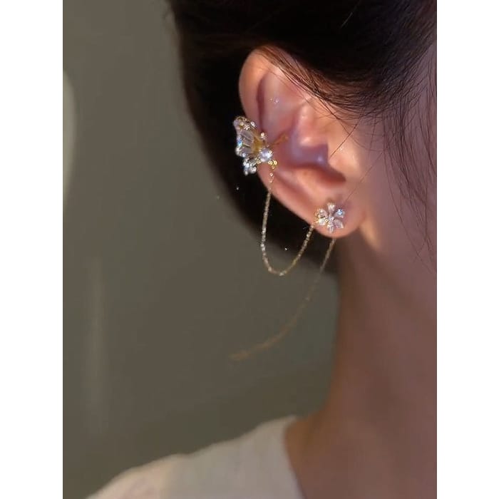 Butterfly flower ear clip line one-piece tassel earrings