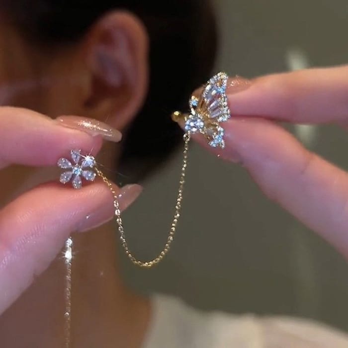 Butterfly flower ear clip line one-piece tassel earrings -