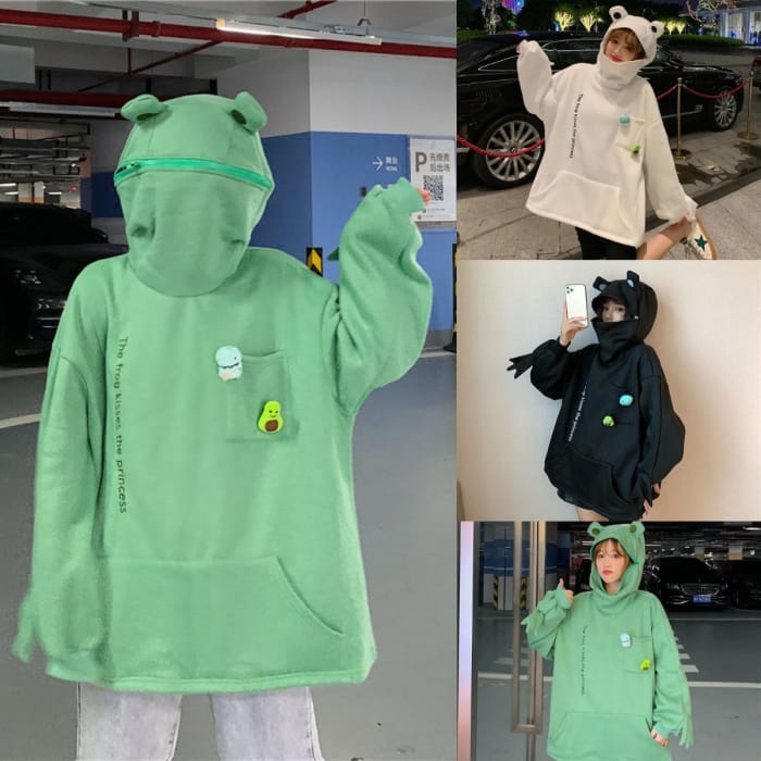 Cartoon Letter print Can Sealed Big Pocket Zip Frog Hoodie Jumper CP15427 - Cospicky