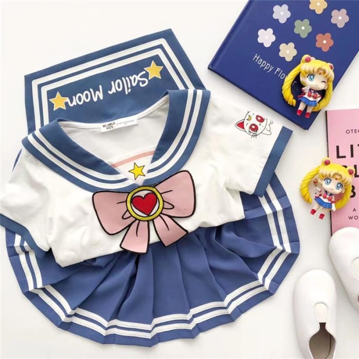 Cute Sailor Moon Bow Striped Tops Pleated Skirts Children Clothes Set CC1799 - Cospicky