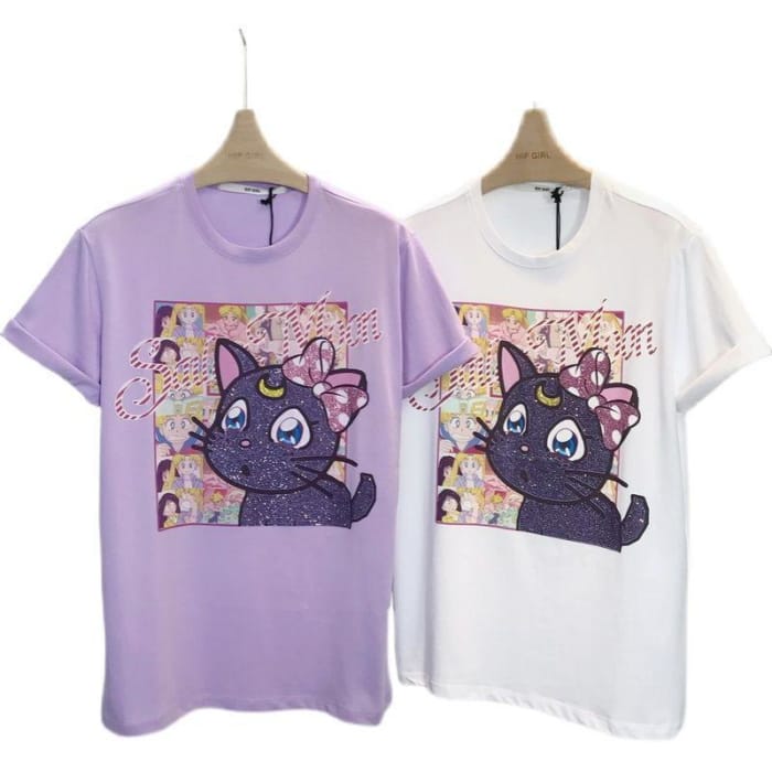 Cute White/Black/Purple Sailor Moon Print Short Sleeve T-shirt CC1797 - Cospicky