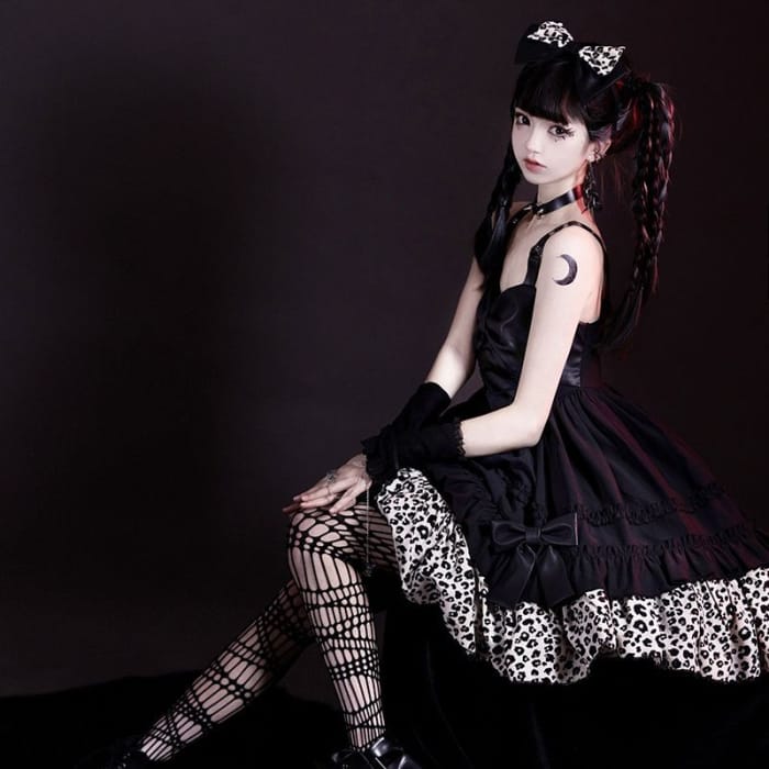 Faux Leather Leopard Print Bow Lolita Dress / Bow Headband-2