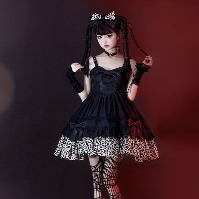 Faux Leather Leopard Print Bow Lolita Dress / Bow Headband-1
