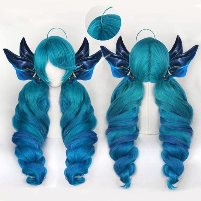 Game LOL Gwen Cosplay Gradient Blue Wavy Ponytails Wig C15986 - Cospicky