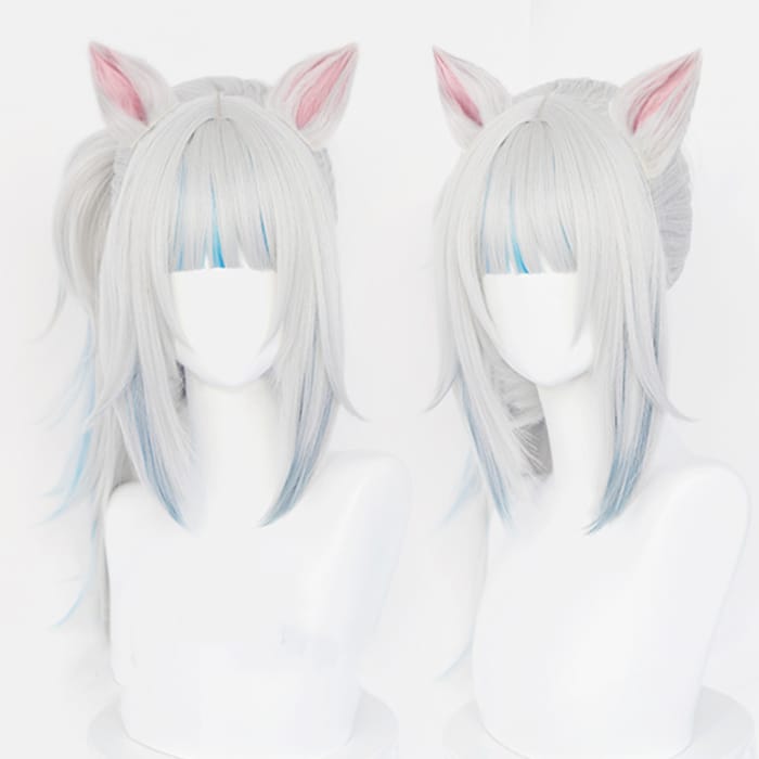 Gawr Gura Hololive Silver White Light Blue Details Cat Ears Wig CC0319 - Cospicky