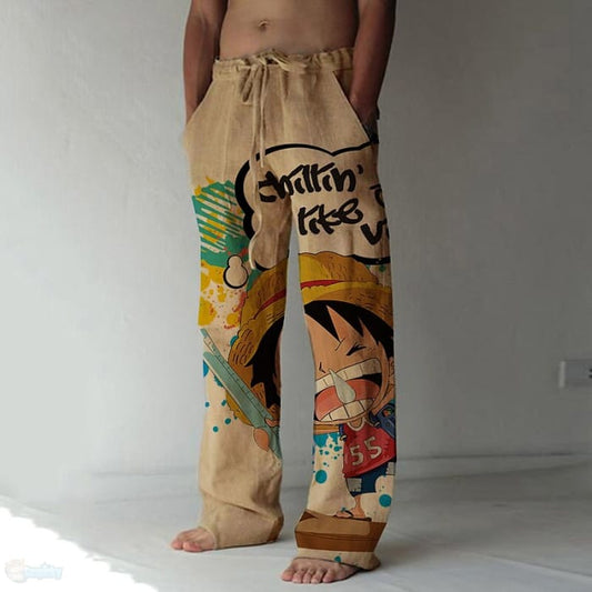 Inspired By One Piece Monkey D. Luffy Linen Pants Straight 