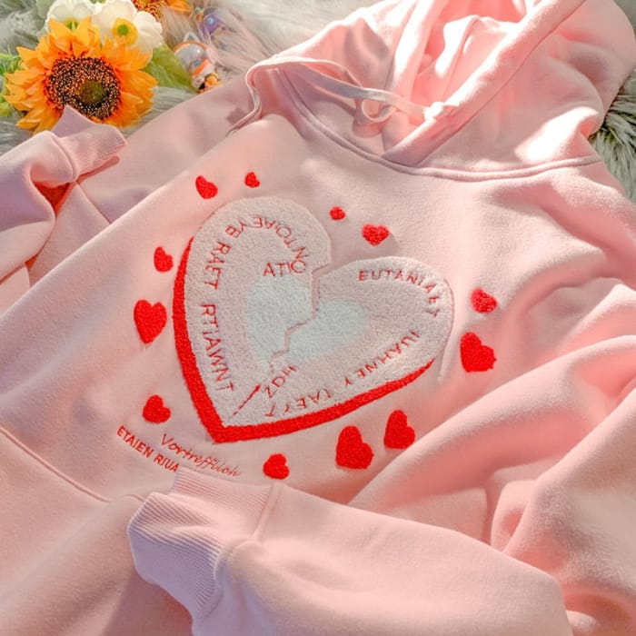 Kawaii Cute Lover Heart Embroidery Pink Tops Hoodies SUA01