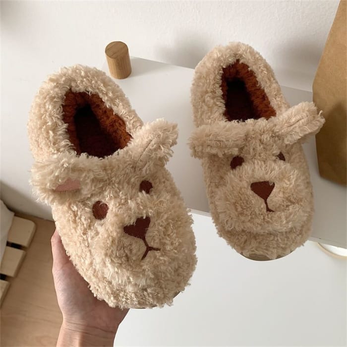 Kawaii Fleece Bear Home Slippers ME51 - Full heel wrap khaki