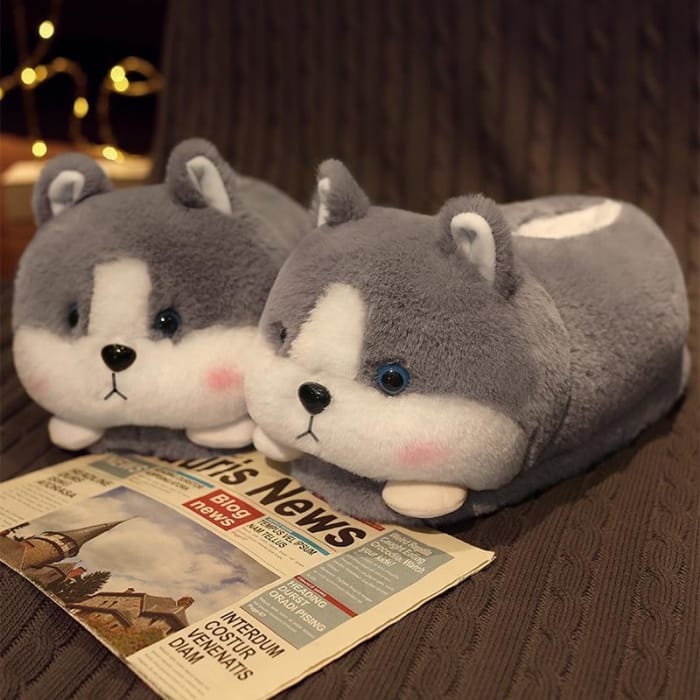 Kawaii Hamster Plush Slippers ME62 - Gray Huskies /