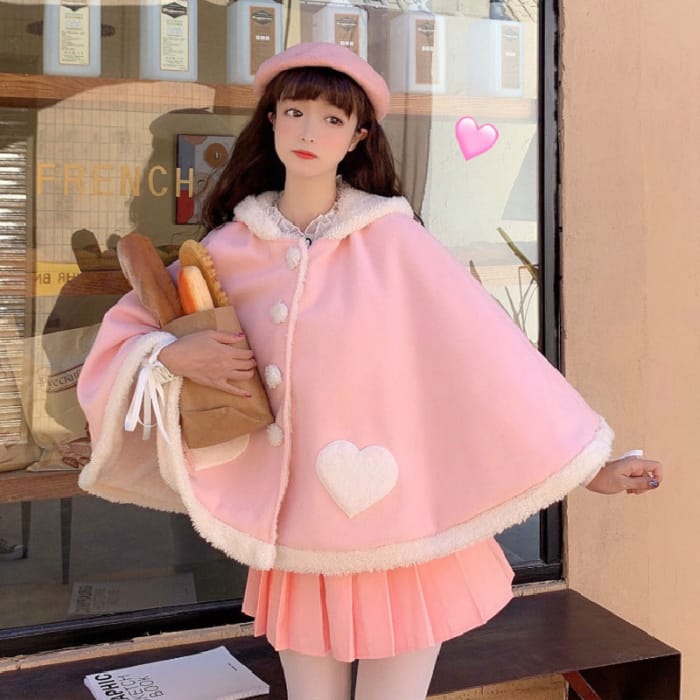 Kawaii Lolita Sweet Red Heart Cape - Pink / Average size -