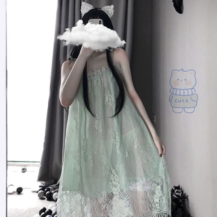 Lace Mesh Slip Dress Nightdress Stockings Lingerie C15471 - Cospicky