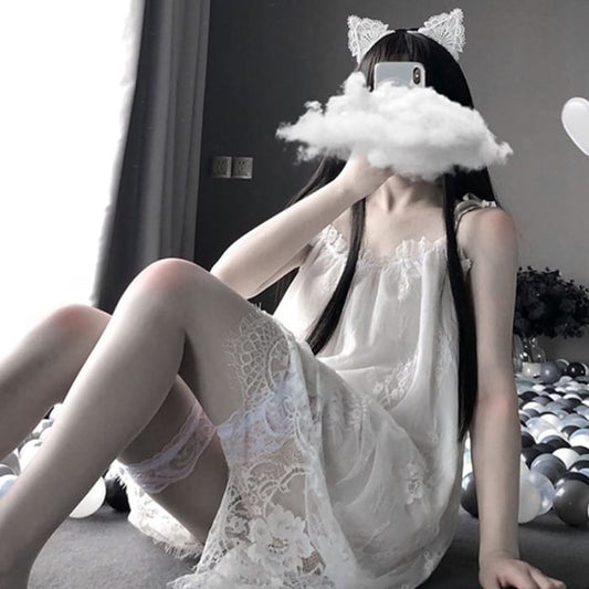 Lace Mesh Slip Dress Nightdress Stockings Lingerie C15471 - Cospicky