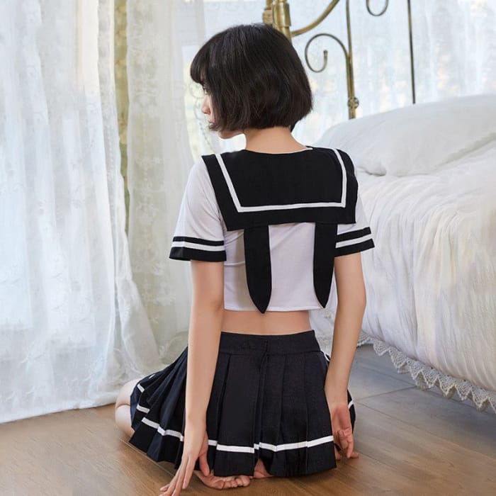 Lingerie Set: Short-Sleeve Sailor Collar T-Shirt + Pleated Mini A-Line Skirt + Thong + Tie-3