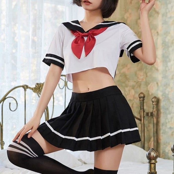 Lingerie Set: Short-Sleeve Sailor Collar T-Shirt + Pleated Mini A-Line Skirt + Thong + Tie-1