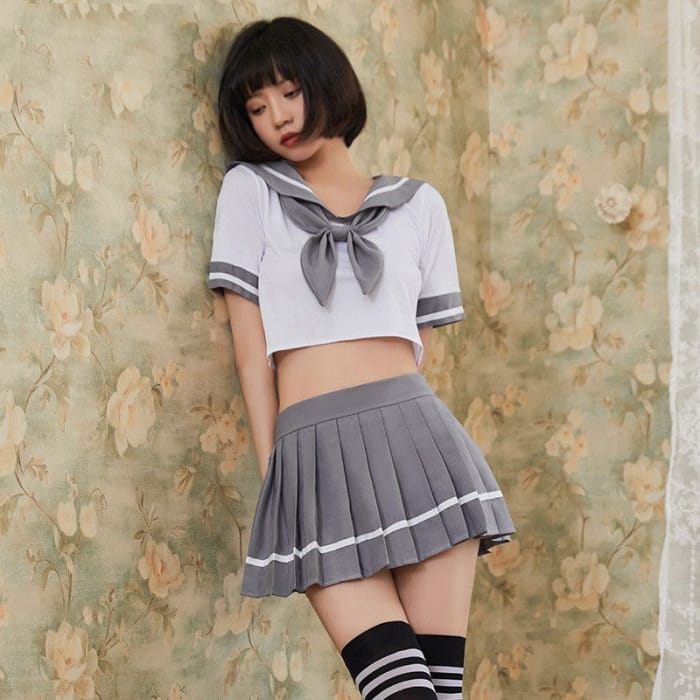Lingerie Set: Short-Sleeve Sailor Collar T-Shirt + Pleated Mini A-Line Skirt + Thong + Tie-2