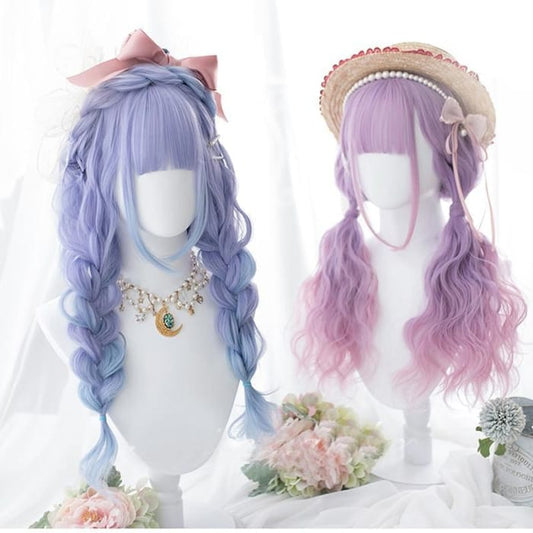 Long Curly Mixed Blue/Purple Pink Ombre Lolita Cosplay Wig C15774 - Cospicky