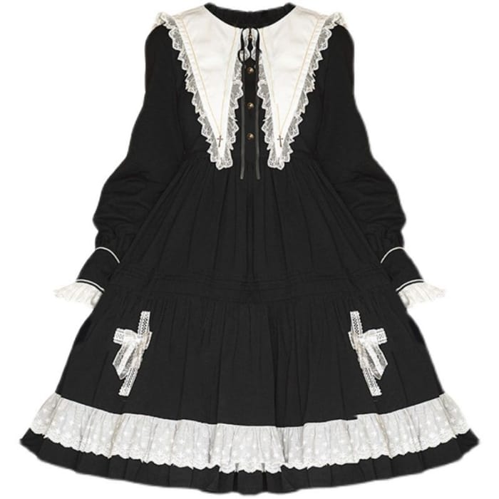 Long-Sleeve Collared Lace Trim A-Line Dress-3