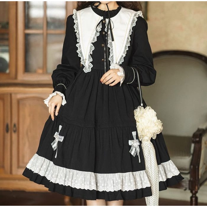 Long-Sleeve Collared Lace Trim A-Line Dress-1