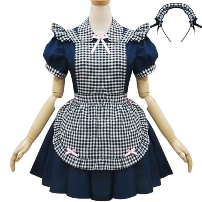 Navy Grid Waitress Maid Cosplay Costume CP1812582 - Cospicky