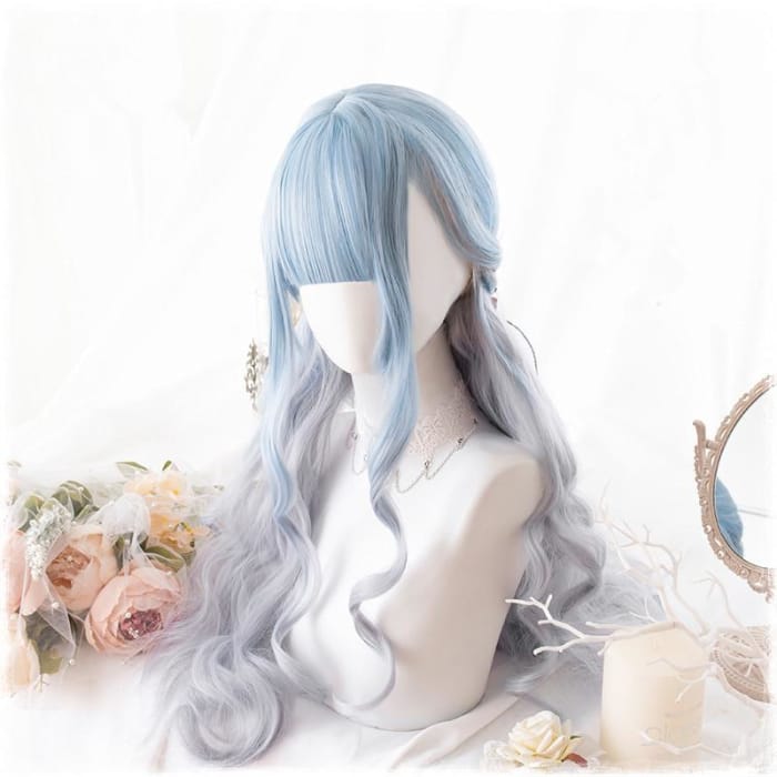 Pastel Blue Grey Lolita Long Curl Wig C13929 - Cospicky