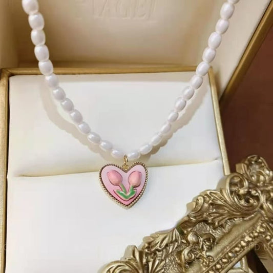 Pearl tulip heart temperament clavicle chain earrings -