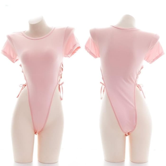 Pink Girl High split Side Bandge Short Sleeve Bodysuit 