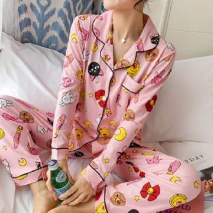 Pink Kawaii Sailor Moon Turn-down Collar Pajamas Set CC1730 