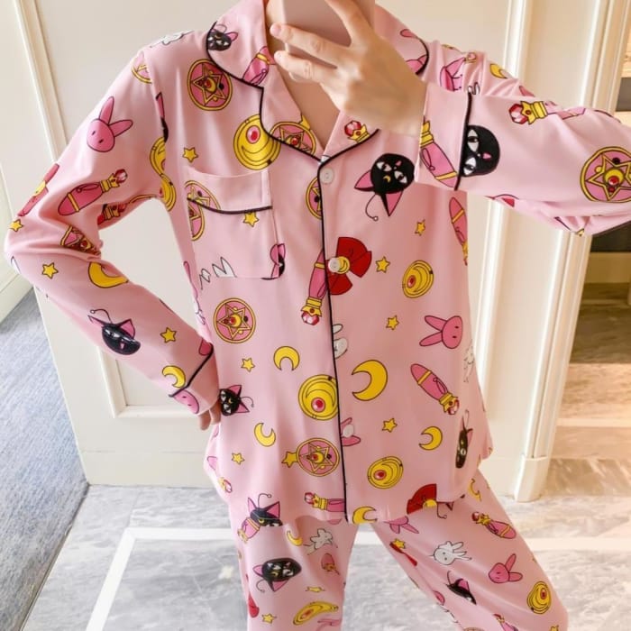 Pink Kawaii Sailor Moon Turn-down Collar Pajamas Set CC1730 