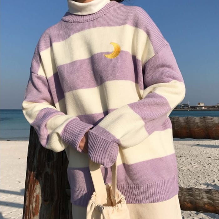 Pink/Purple/Black Kawaii Stripe Moon Sweater C13290