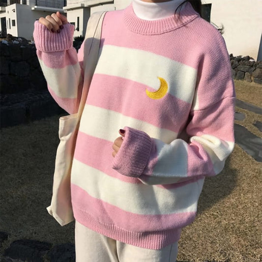 Pink/Purple/Black Kawaii Stripe Moon Sweater C13290