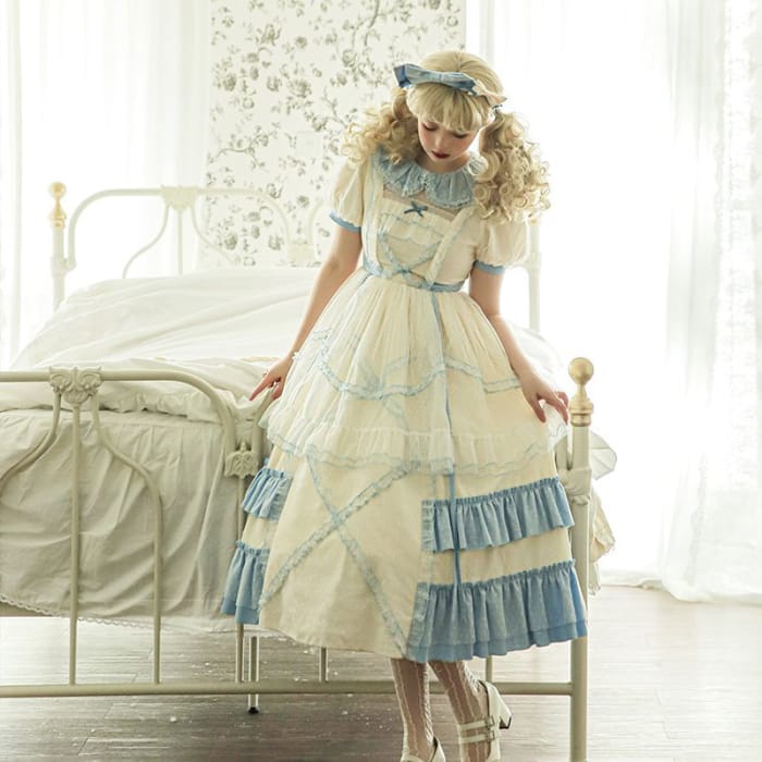 Puff-Sleeve Tiered A-Line Lolita Dress / Bow Headband-2