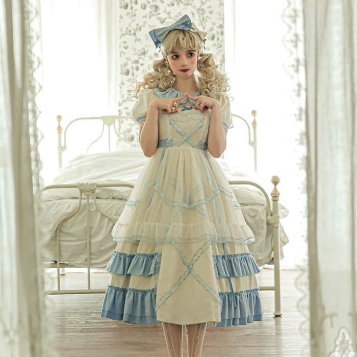 Puff-Sleeve Tiered A-Line Lolita Dress / Bow Headband-1