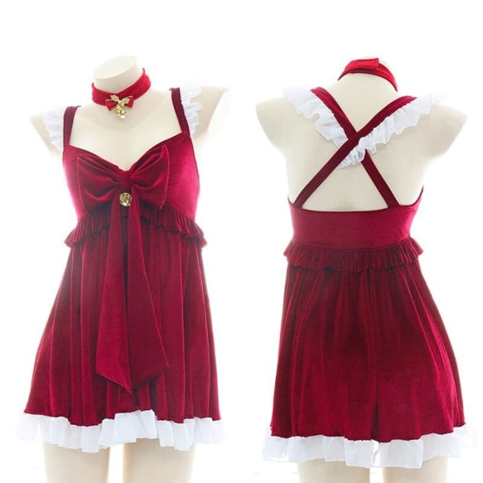 Ruffled Red Christmas Bowknot Suspenders Santa Dress BE194